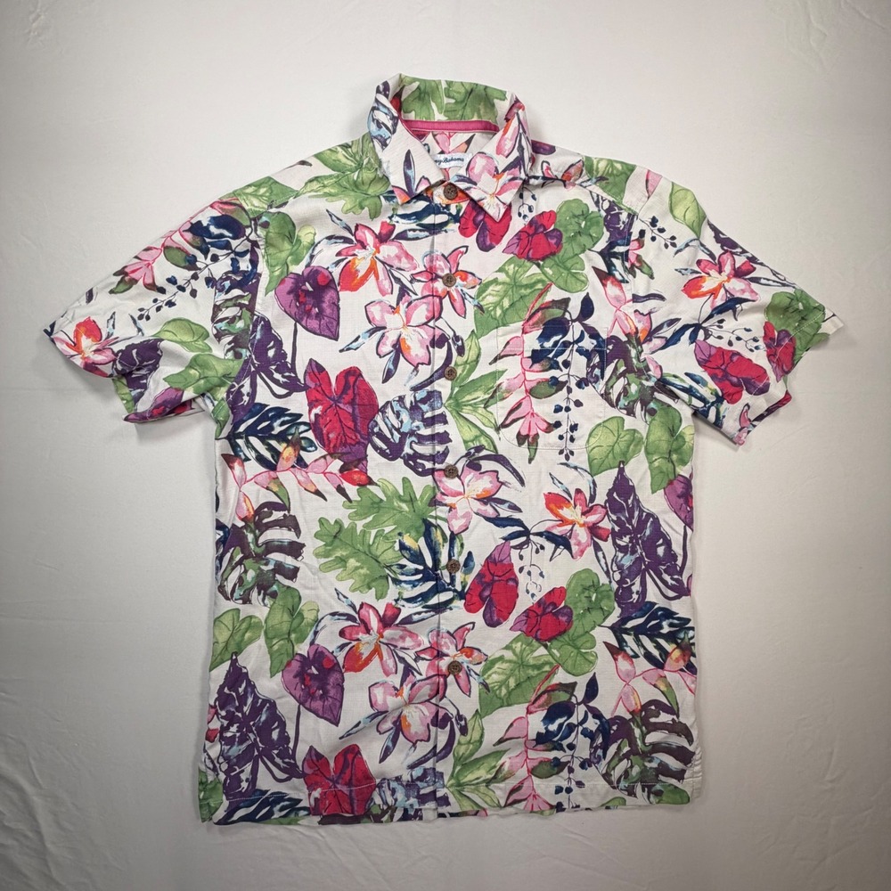 Tommy Bahama Mens Small Silk Blend Tropical Floral S/S AOP Button Down Shirt 397